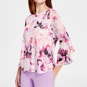 KASPER Chiffon Floral Ruffle Bell Sleeve Blouse Crew Neck Pullover Lined